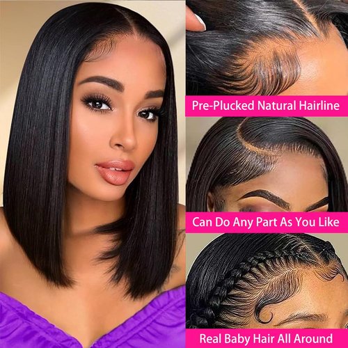 Mihugass 8 Inch Bob Wig Human Hair 13x6 Hd Transparent Lace Front Wigs Human Hair Pre Plucked Glueless Bob Wig #1 Jet Black 200% Density Short Straight Bob Wigs For Women