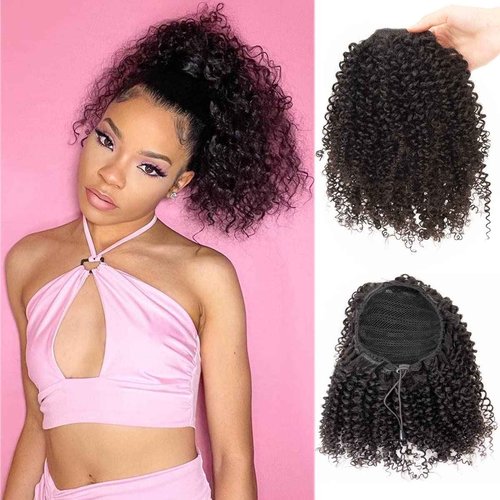 FEIPRO Curly Ponytail Extension for Black Women Real Human Hair Natural Drawstring Ponytails Hair Pieces African American Girls Curly Hair Extensions 16 Inch #1B Natural Black