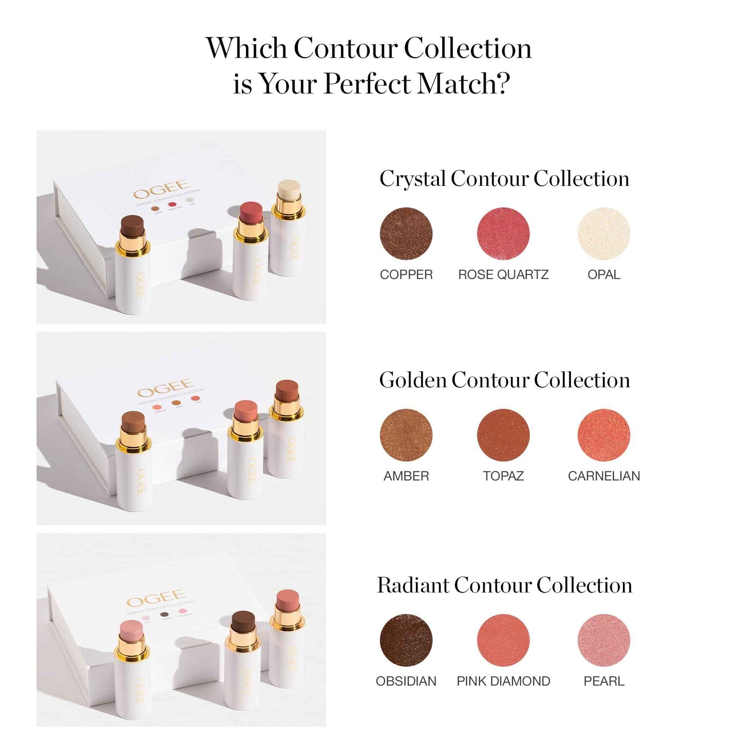 Ogee Face Stick Crystal Collection Trio - Contour Stick Makeup Collection - Certified Organic Contour Palette - Includes Bronzer Stick, Blush Stick & Highlighter Stick