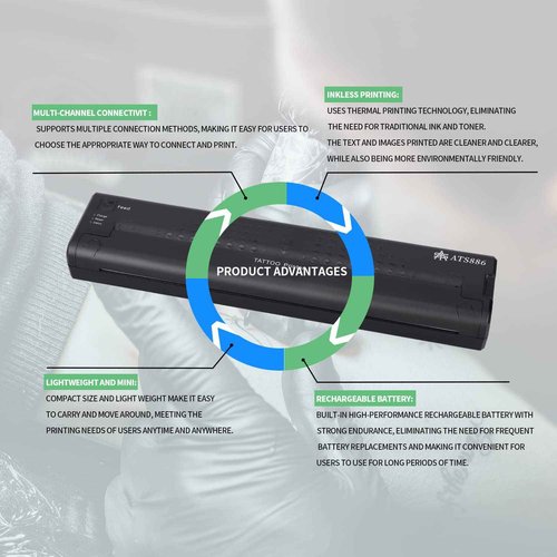 YTATTOO ATS886 Cordless Tattoo Stencil Printer - Rechargeable Inkless Machine - Bluetooth Tattoo Printer with 15pcs Transfer Paper for Temporary and Permanent,Compatible with iOS Phone