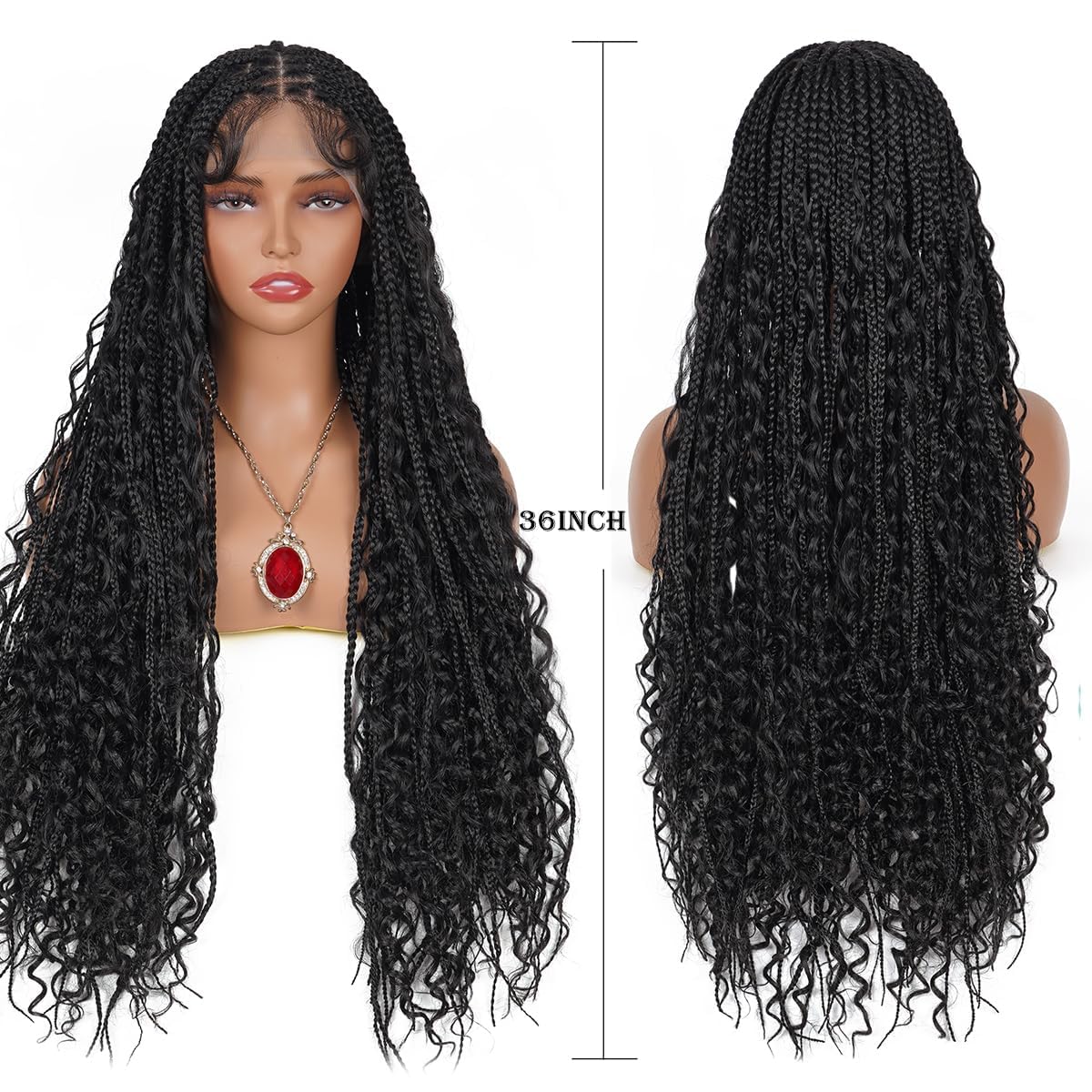 36 Inch Long Boho Knotless Braided Wigs For Women Natural Black 100% Hand Tied 13x6 Bohemian Boho Box Braids Lace Front Wig Synthetic Braid Wig With Baby Hair (Natural Color Braided Wigs, 36 Inch)