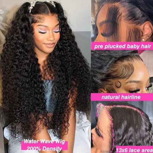 Keseyo Water Wave 13x6 HD Lace Front Wigs Human Hair Pre Plucked 200 Density Deep Part Curly Wig for Women with Baby Hair Water Wave Frontal Wigs Human Hair 24 Inch