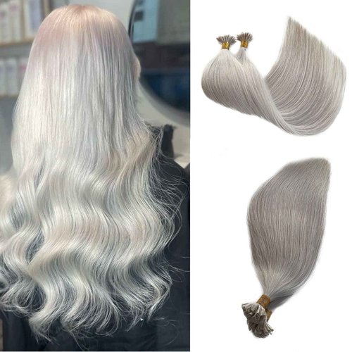 Silver U Tip Human Hair Extensions Remy Hair Extensions Platinum Silver Prebonded Human Hair Extentions 22Inch Keratin U Tip Extensions Per Strand Fusion Human Hair Extensions 50g Utip Stright Hair