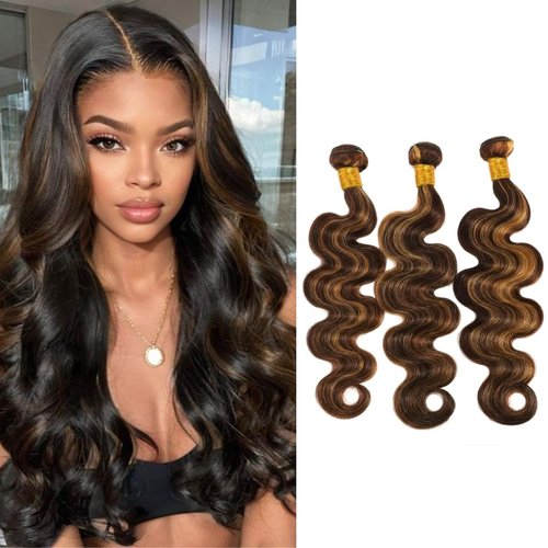 BQRIH 12A Brown Highlight Body Wave Bundles Human Hair 10 12 14 In Brazilian Virgin Wavy Weaves F1B/30 Black and Honey Blonde Ombre 3 Bundles Soft Balayage Colored Human Hair Extensions For Women Remy