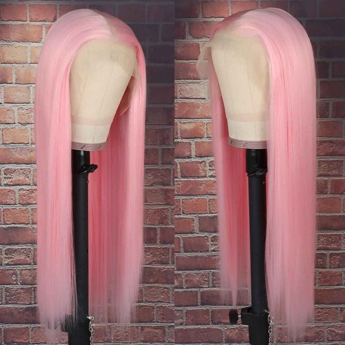 TaBeWay 13x6 Pink Synthetic Lace Front Wigs Long Straight Hair Pastel Pink Lace Front Wigs for Fashion Women Heat Resistant Soft Hair Natural Hairline