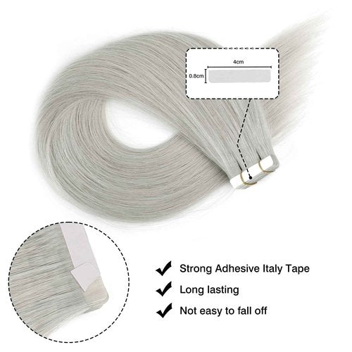 Sassina Tape in Hair Extensions Human Hair Invisible Seamless Skin Weft Human Hair Tape in Extensions Silver Gray Double Side Reusable Human Hair Extensions 14 Inch 50 Gram 20pcs