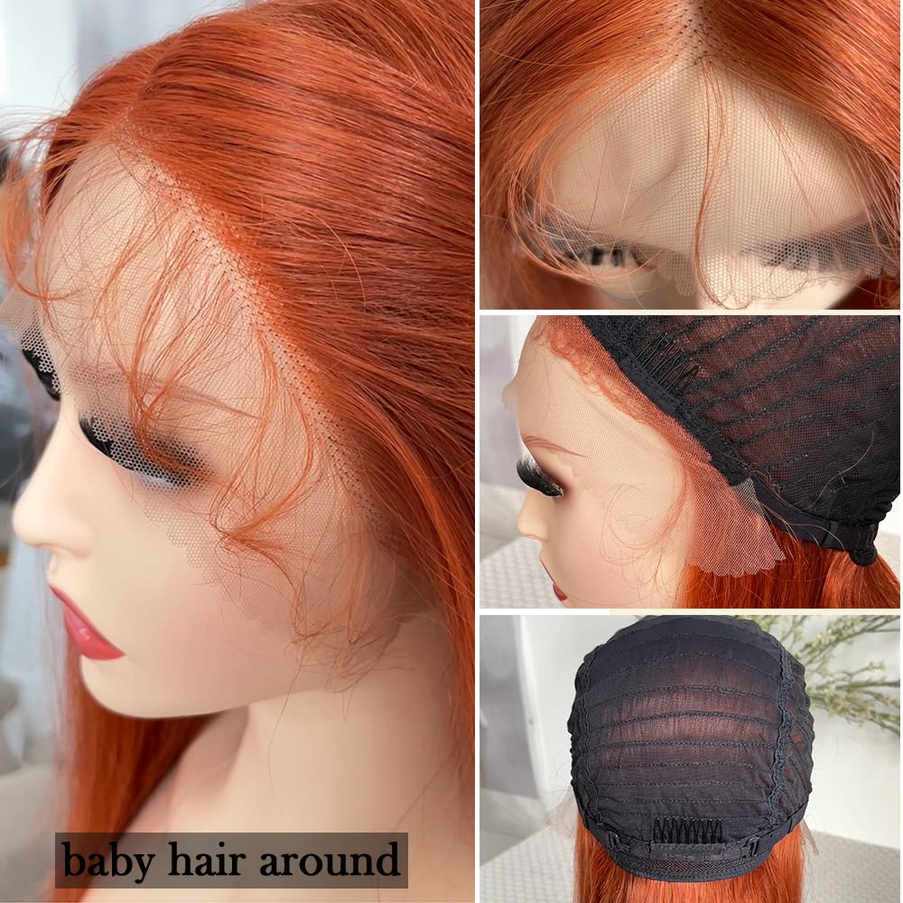Ginger Human Hair Wig 100% Human Hair Ginger Lace Front Wig Burnt Orange Lace Bob Wig Middle Part 180% Density16 Inch 13x4x1 Lace Wig with Baby Hair