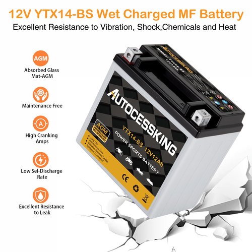 Autocessking YTX14-BS 12V 12Ah Motorcycle Battery, Rechargeable Sealed AGM Battery Maintenance Free Powersport Replacement Battery for ATV and Scooter