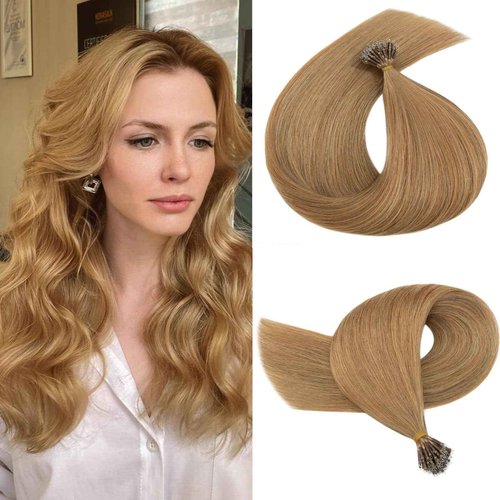 S-noilite Nano Bead Hair Extensions Human Hair Nano Ring Hair Extensions Balayage Pre Bonded Nano Tip Human Hair Extensions Nano Link Hair 50g 50 Strands 18 Inch #27 Dark Blonde