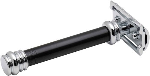 MERKUR 38B Double Edge Safety Razor - Black Handle | Extra Large Barber Pole Grip Brass Handle | Made in Germany | Plastic-Free | Two Piece Design | Closed Comb | Straight Bar