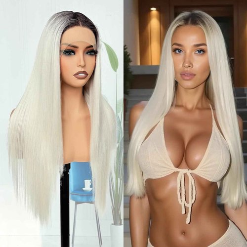 X-TRESS Platinum Blonde Synthetic Lace Front Wig Pre Plucked Ready to Wear 13x4x1 HD Glueless Straight Lace Front Wig for Women Natural Look Synthetic Heat Resistant Fiber Platinum Blonde Wig (26inch)