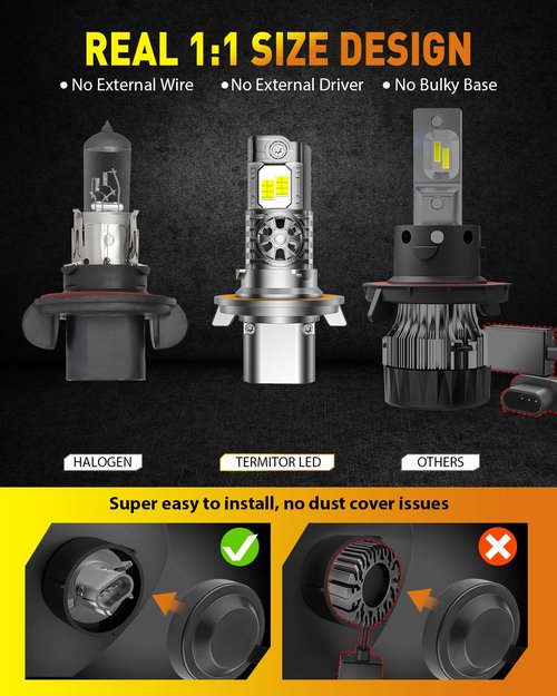 Termitor Upgraded H13/9008 Light bulb Hi/Low Beam, 40000LM 900% Super Bright, 6500K Cool White Fog Light Bulb,IP68 Waterproof, Real 1:1 Halogen Mini Size, Plug-N-Play, Pack of 2