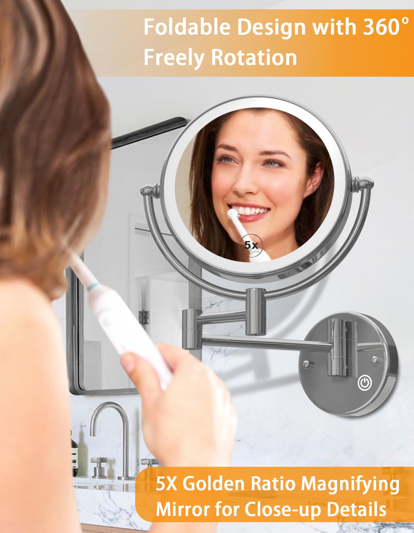 Lighted Makeup Mirror Wall Mount with Magnification 5X LED Double Sided Magnifying with Light, Touch Sensor Dimming, Extendable Swing Arm 360 Swivel Shaving Cosmetic Mirror for Bathroom, Chrome