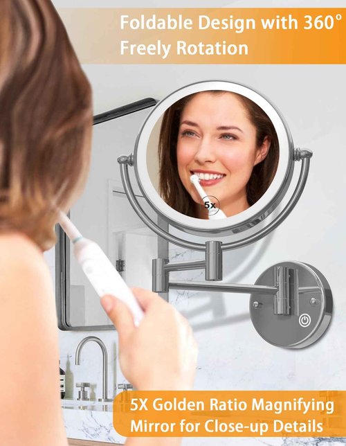 Wall Mounted Makeup Mirror with Lights Hardwired, 1/5X Magnifying Double Sided Touch Dimming, 360 Rotation Extension Arm Shaving Light up Mirror for Bathroom, Chrome