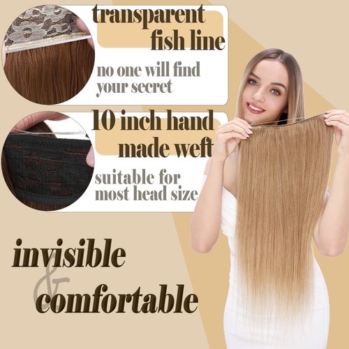 Benehair Human Hair Extensions Thick Ends Invisible Wire Real Human Hair with 2 Fish Lines Thicker Hairpieces 90g Hair Extensions Straight Thicker Hairpieces for Women #6 Light Brown 16 Inch