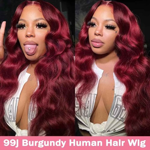 METDIO 99J Burgundy wig human hair 13x4 body wave lace front wigs human hair 180 Density Pre Plucked Glueless Wine red colored lace front wig for Women 26inch