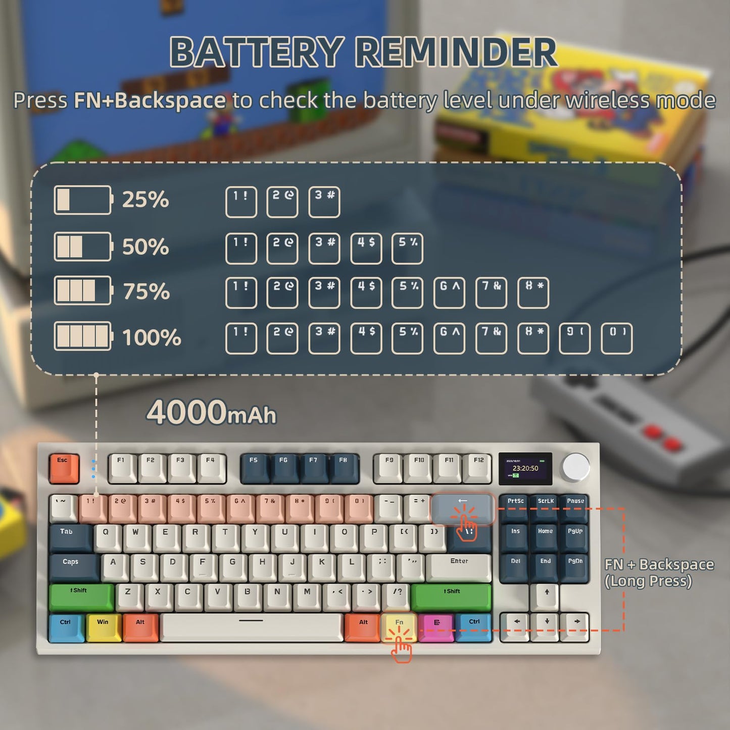 RK86 Mechanical Keyboard, 2.4G Wireless/BT5.0/USB-C Wired Gaming Keyboard 75% Layout TKL 87 Key with 1.2'' TFT HD Color Display & CNC Knob, 27 RGB Backlit TTC Hot-Swap Linear Switch PBT Keycap