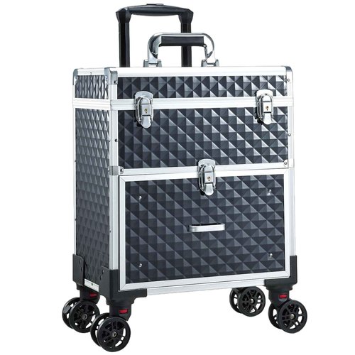 Adazzo Professional Rolling Makeup Case with Drawer for Makeup Artists Cosmetic Train Case Large Storage Case for Nail Technicians Cosmetology Case with Detachable Bag for Hairstylist Black