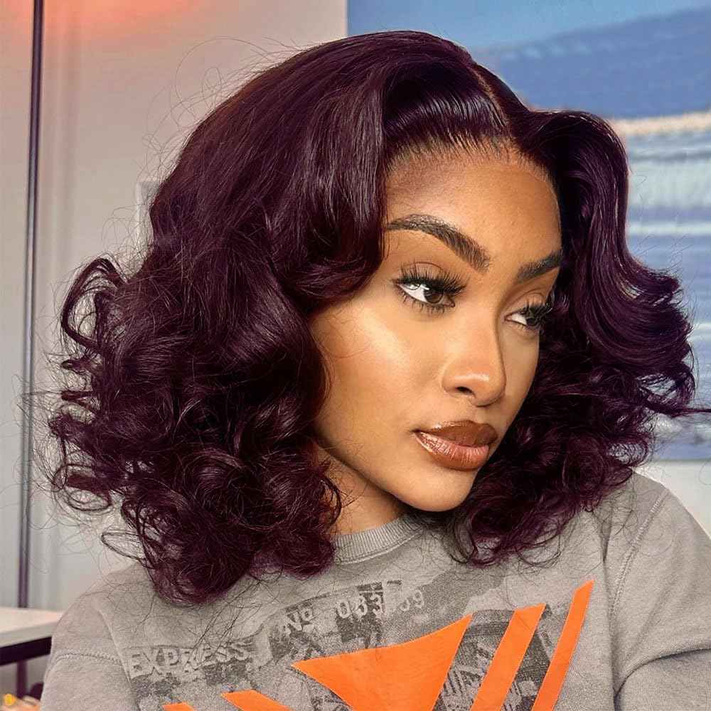 250% Full Density 99J Burgundy Lace Front Wigs Human Hair 13x4 Short Bob Wigs Human Hair Glueless Wear and Go Loose Deep Wave Wig Pre Plucked Pre Bleached Red Wig Human Hair (16inches)