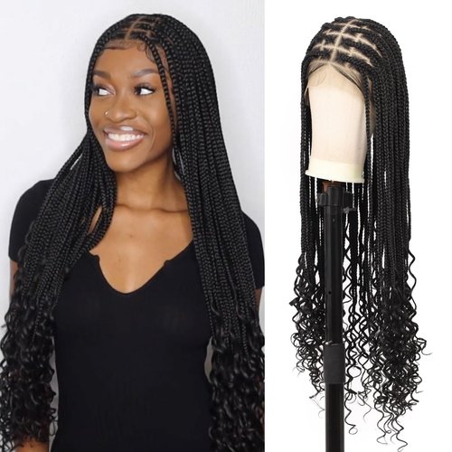 Fecihor 13x8 Inch HD Lace Front Box Knotless braided Wigs With Baby Hair Braided Wig For Women With Boho Curly Ends Black Premium Synthetic 36 Inch