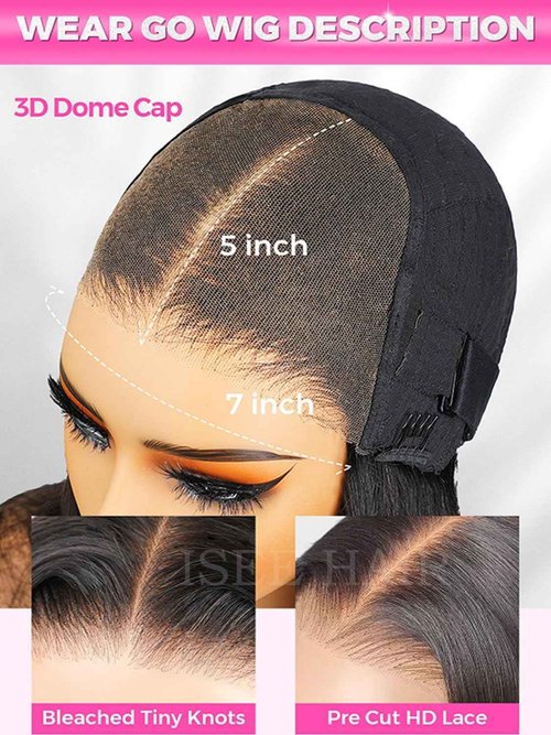 ISEE Wear Go Glueless Wigs Human Hair Pre Plucked Pre Cut Straight Transparent 5x7 Lace Glueless Wig Pre Bleached Tiny Knots Human Hair Wig for Black Women 180% 16 Inch