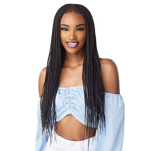 Sensationnel Cloud9 4X5 Braided Wig - Center Part Feed In 28 Inch Hand Tied Swiss Lace Braided Wig With Large Parting Area (1B OFFBLACK)