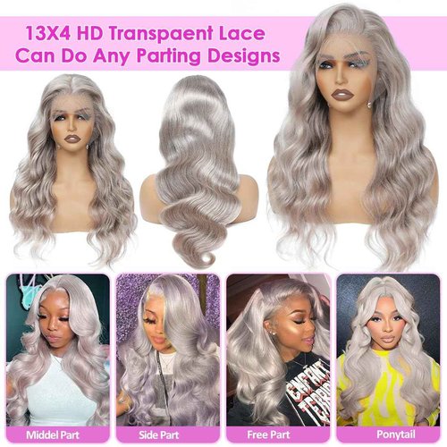 Pisenor 13x4 Grey Lace Front Wig Human Hair Body Wave Lace Frontal Wigs Human Hair HD 180% Density Transparent With Baby Natural Hairline Pre Plucked Lace Front wigs (20 inch)