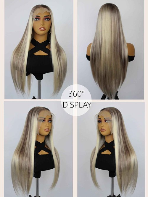 mytonecoo 13x6 Lace Front Wig Synthetic Hair Highlight Blonde Balayage Long Straight Synthetic Lace Front Wig with Preplucked Hairline for Women 24inch Daily Wig