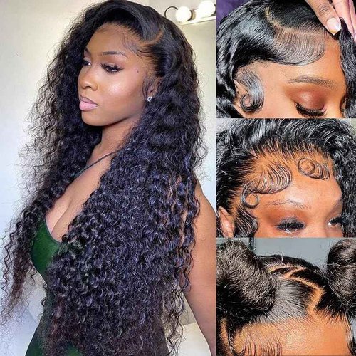 Deep Wave Lace Front Wigs Human Hair 13x4 HD Lace Front Wigs Human Hair Pre Plucked Brazilian Curly HumanHair Wig 200 Density Glueless Frontal Wigs For Women(22inch)