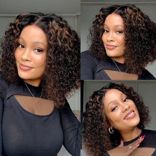 Youleas 5x5 HD Lace Closure Wigs Human Hair 180% Density 1B/4 Highlight Bob Wig Human Hair Glueless Wigs Pre Plucked Short Curly Human Hair Wig Bleached Knots Ready to Wear (14inches)