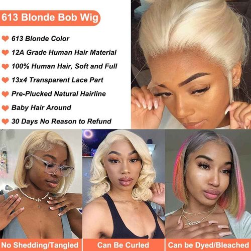 Royal Lady 613 Blonde Short Bob Wigs Human Hair 13x4 HD Lace Front Wigs for Women 150% Density Brazilian Virgin 613 Lace Front Human Hair Straight Bob Wigs Pre Plucked with Baby Hair 12 Inch