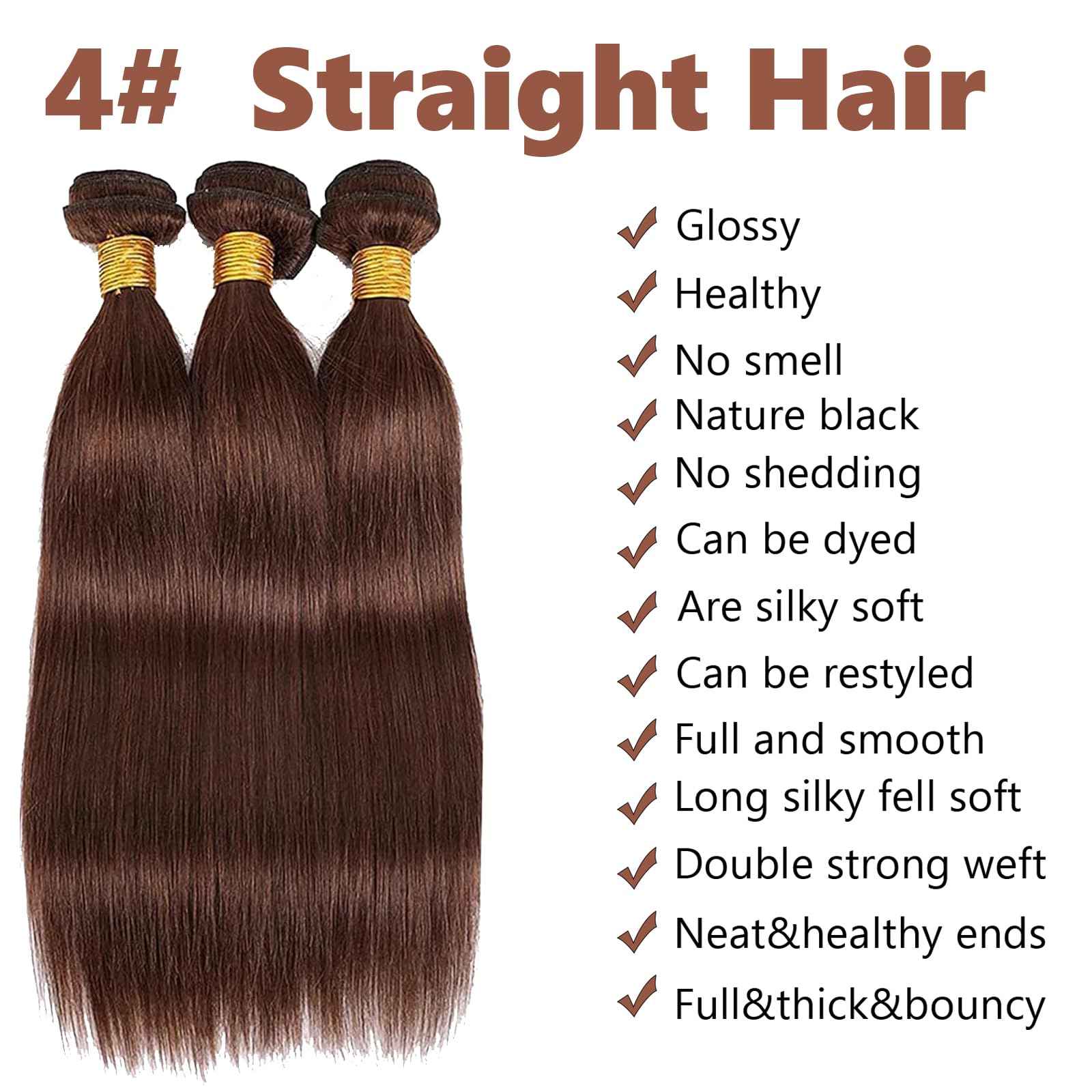Habiliana Bundles Human Hair 24 26 28 Inch Straight Dark Brown 4 Human Hair Bundles 11A Unprocessed Brazilian Virgin Quick Weave Hair Extensions for Black Women