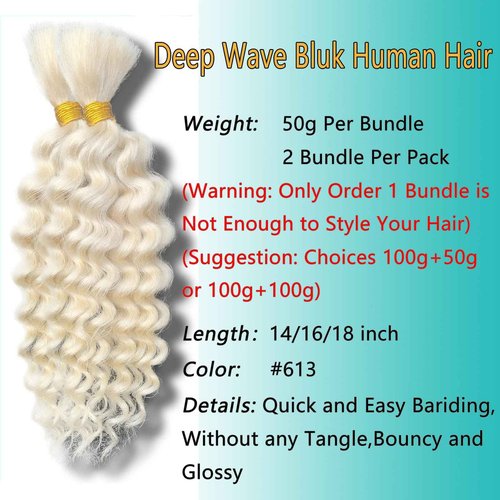 613 Blonde Braiding Hair - 18 Inch, 100g, 2 Bundles, Deep Water Wave, Bulk, No Weft, Micro Braiding Hair for Boho Braids, Wet and Wavy Human Hair Extensions