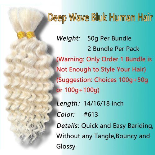 613 Blonde Braiding Hair 22 Inch 100g Deep Water Wave Bulk Human Hair for Braiding Curly Human Hair for Boho Braids Wet and Wavy Human Hair Extensions No Weft Micro Braiding Hair