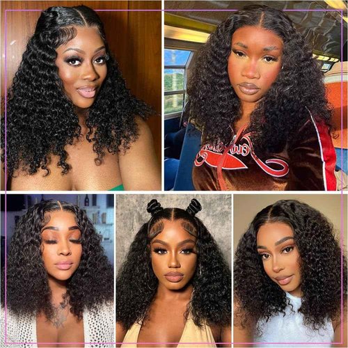 omswet Curly BOB Wig Human Hair 200 Density 5x5 HD Lace Closure Deep Wave Wigs for Black Women Glueless Wear and Go Pre Plucked Deep Wave Wet and Wavy Glueless Wigs Human Hair Natural Black 16 Inch