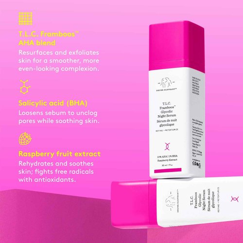 Drunk Elephant T.L.C. Framboos Glycolic Serum - 30 ml/1 fl oz - Exfoliating AHA Serum - Clean Clinical Skincare - Cruelty-Free - Dermatologist-Tested - Free of Essential Oils, Silicones, and Fragrance