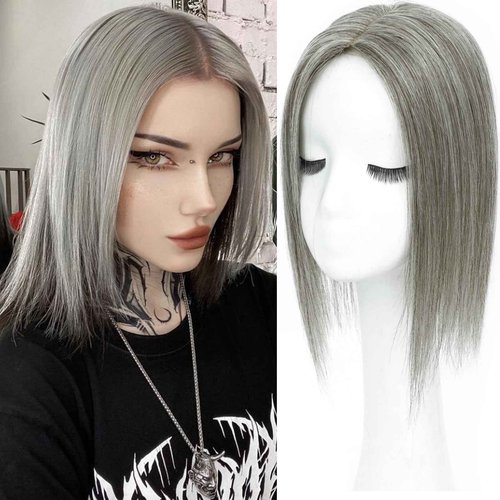 RMYHIG Hair Toppers for Women Real Human Hair, 360° 3D Human with Thinning Upgrade Middle Part Clip in Bangs Topper Hair Pieces for Women Daily (Gray, 14 Inch-3D-Side)