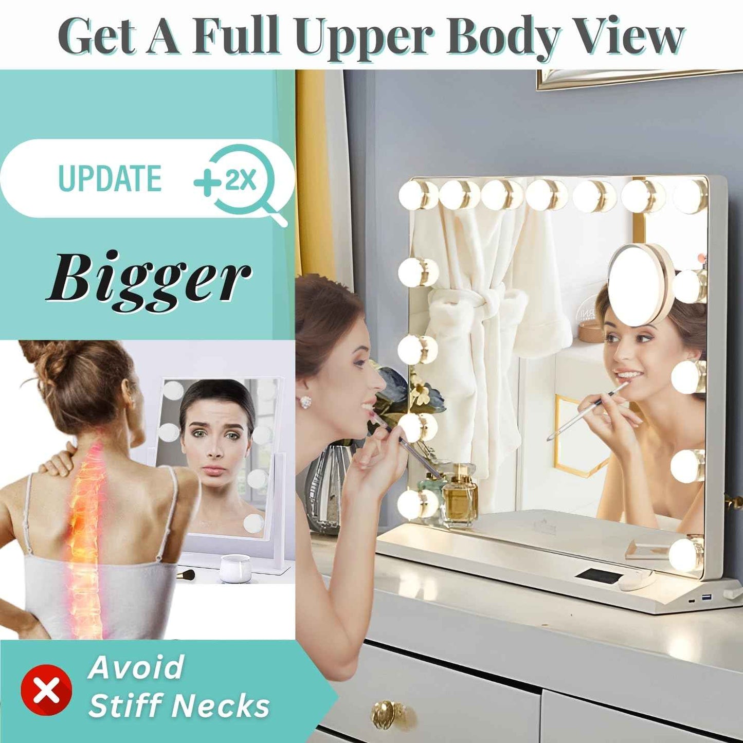LUXFURNI Vanity Mirror with Lights, Makeup Mirrors Hollywood Mirror with 15 LED Bulbs, 3 Colors Modes & Adjustable Brightness, 10x Magnification, USB Charging