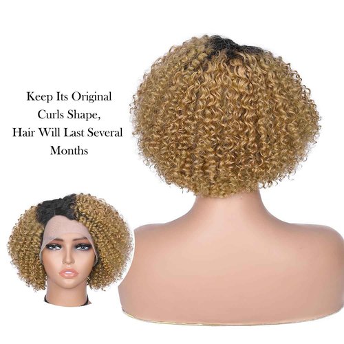 WIGER Short Curly Bob Lace Front Human Hair Wig Ombre Blonde Pixie Curly Glueless Wigs Side Part HD Lace Water Wave Wig Brazilian Virgin Human Hair Afro Kinky Lace Frontal Wigs (OT1B/27)