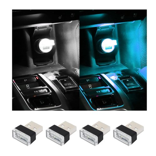 Augeny 4 PCS USB LED Car Interior Atmosphere Lamp, Plug-in USB Decor Night Light, Portable Auto Ambient Lighting Kit, Universal Vehicle Interior Accessories for Most Cars (White & Ice Blue)