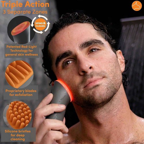 Dogface Essentials Kit Plus Technobrush & Wakeup Gel Cleanser Men’s Red Light Electric Facial Brush with Silicone Bristles to Exfoliate, Cleanse, Hydrate & Tone Skin Daily – Free Shower Caddy 5.3oz