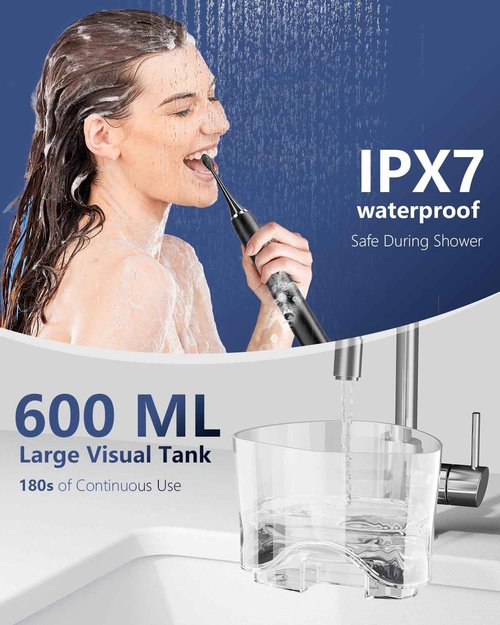 Electric Toothbrush with Water Flosser Combo: 600ML Large Water Tank & Ultrasonic Cleaning- Gum Care & Whitening- 5 Brush Modes & 10 Pressure Settings for Family Use, Black