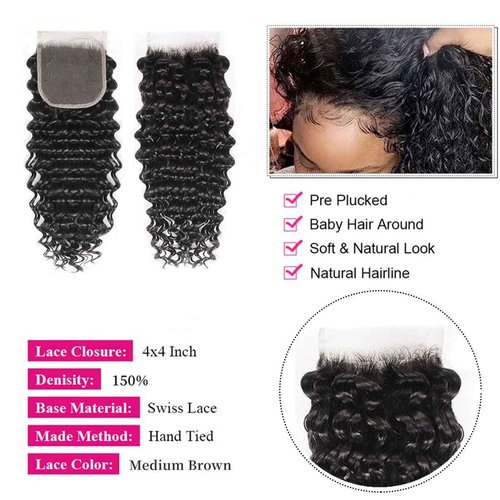 Deep Wave Bundles with Closure Human Hair (12 14 16+10 Closure) 4x4 Lace Closure with Baby Hair Natural Color 3 Bundles with Closure Free Part 100% Brazilian Virgin Remy Hair for Black Women