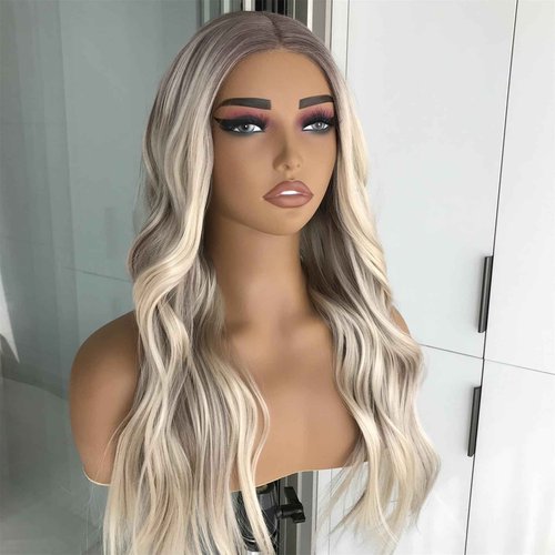 mytonecoo Highlight Blonde Wear and Go Glueless Wig Synthetic Lace Front Wigs for Women Body Wave Pre Cut Pre Plucked Lace Dirty Blonde Wig Medium Length 20inch Ready to Wear Wigs