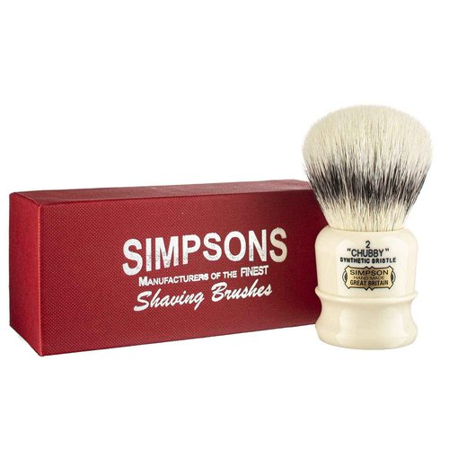 Simpsons Chubby 2 - CH2 Synthetic Platinum High density Fibre Faux Handle Ivory Shaving Brush - Simpson Shaving Brushes - Wet Shave Deluxe Thick & Luxurious Lather Handle Dense & Extra Soft Bristles
