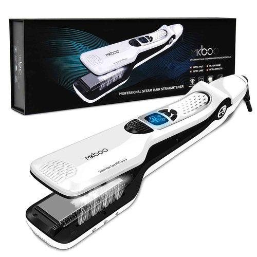 MKBOO Hair Straightener with Steam,Salon Professional Nano Titanium Ceramic Steam Flat Iron with Removable Comb+Digital LCD+5 Level Adjustable Temperature+Auto Temperature Lock White