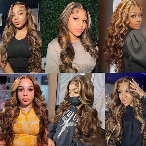 YISEA Ombre Highlight Body Wave Bundles Human Hair 12A Honey Blonde P4/27 Human Hair Body Wave 4 Bundles (18 20 22 inch) 100% Unprocessed Brazilian Virgin Hair Bouble Weft Natural Weave
