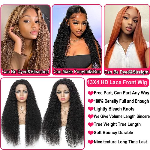 JIETAI 13X4 HD Lace Front Wigs Human Hair Pre Plucked with Baby 180% Density Brazilian Curly Wave for Black Women 9A Glueless frontal Natural Color (26 Inch)