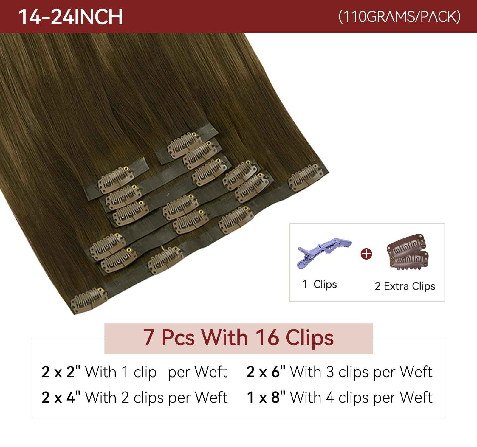 LOVELINE Seamless Clip in Hair Extensions Real Human Hair, Luxury Remy Human Hair Extensions Clip ins for Women, 16 Inch 110g 7Pcs, Balayage Dark Brown to Chestnut Brown