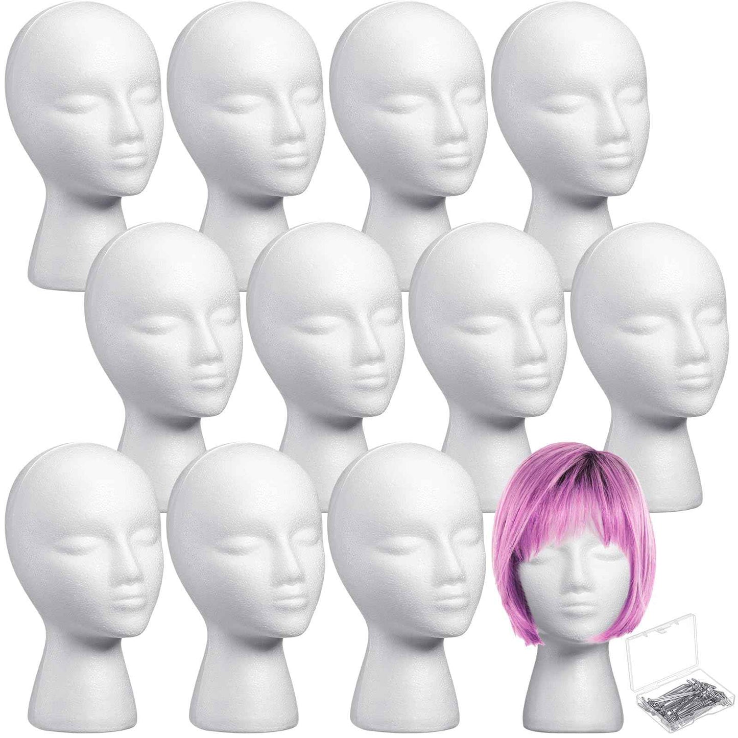 Gisafai 12 Pcs Foam Wig Head with 50 Pcs T Pins Female Foam Mannequin Wig Stand and Holder 11" Tall Cosmetics Model Head Display Hair, Hats Hairpieces Display for Home Travel Salon